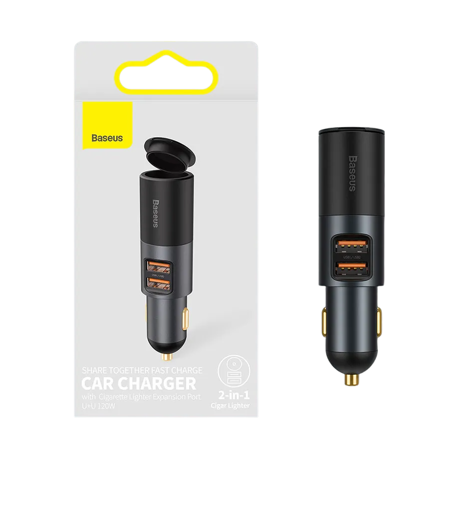 Baseus Share Together Fast Charge Car Charger with Cigarette Lighter Expansion Port USB+Type-C 120W Grey Baseus Share Together Fast Charge Car Charger with Cigarette Lighter Expansion Port USB+Type-C 120W Grey